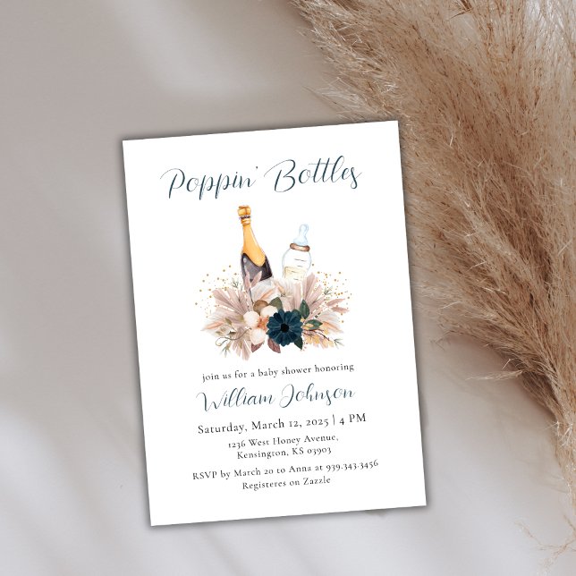 Blue Boho Poppin Flaskor Champagne Baby Shower Inbjudningar (Blue Boho Poppin Bottles Champagne Baby Shower Invitation)