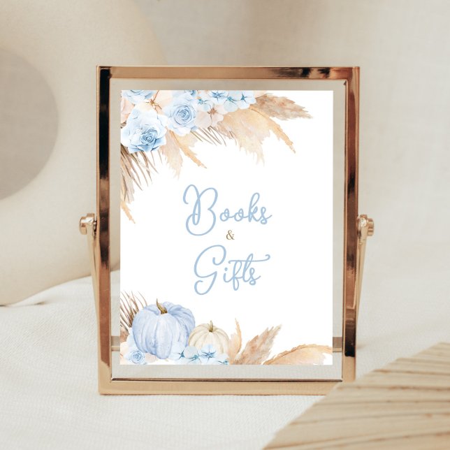 Blue Boho Pumpkin Baby Shower Bokar och Gifts Poster (Boy Little Pumpkin Baby Shower Books and Gifts Sign)