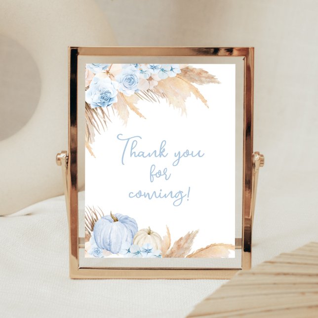 Blue Boho Pumpkin Baby Shower Tack för kommande Poster (Boy Little Pumpkin Baby Shower Thank You for Coming Sign)