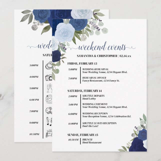 Blue Boho Roses Wedding Events & Timeline Program (Fram/baksida)