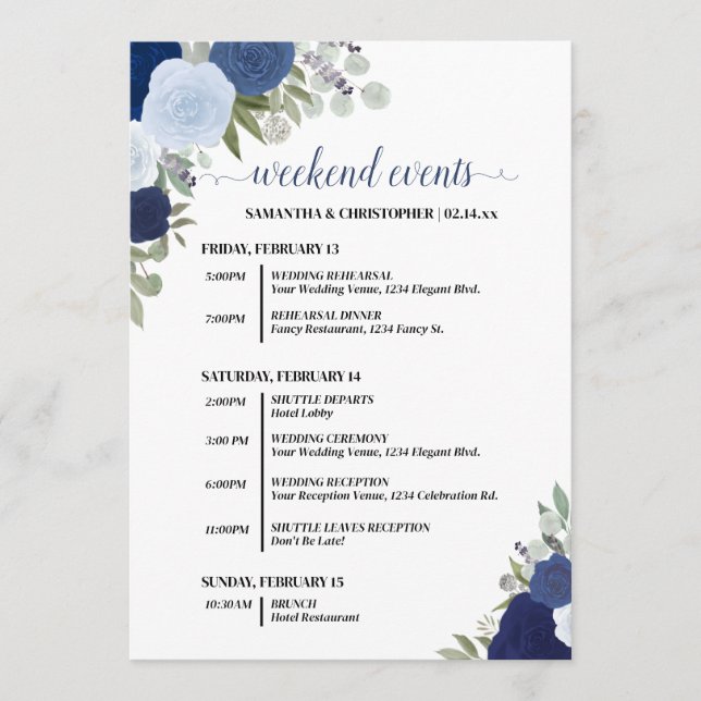 Blue Boho Roses Wedding Events & Timeline Program (Framsida)