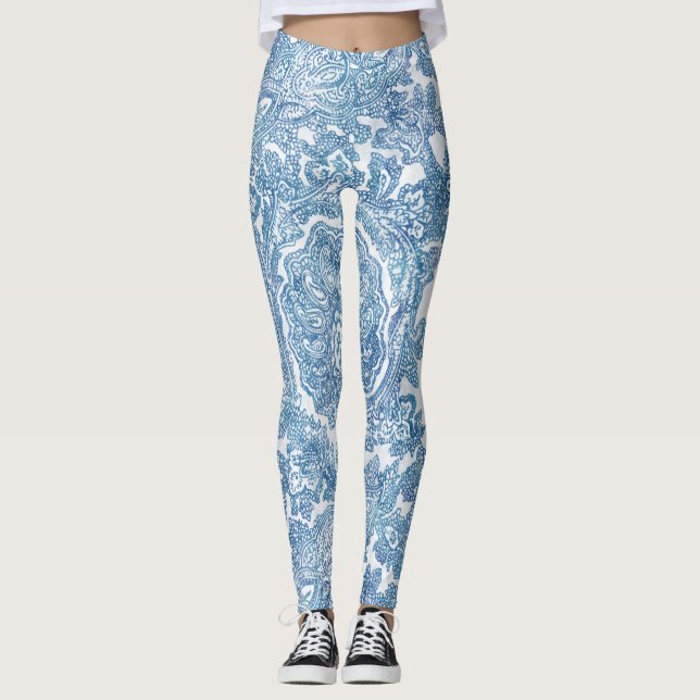 Blue Boho Snöre Paisley Mönster Leggings (Framsida)