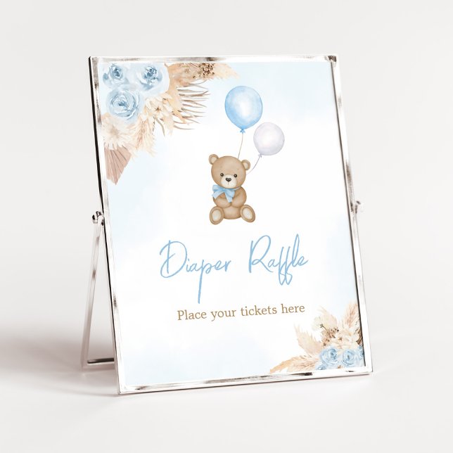 Blue Boho Vi kan bearly wait Diaper Raffle Poster (Blue Pampas Grass Boho Bear Baby Shower Diaper Raffle Sign)
