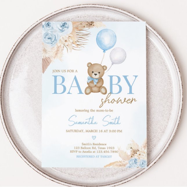 Blue Boho vi kan bolla Baby Shower Inbjudningar (Blue Pampas Grass Boho Bear Baby Shower Invitation)