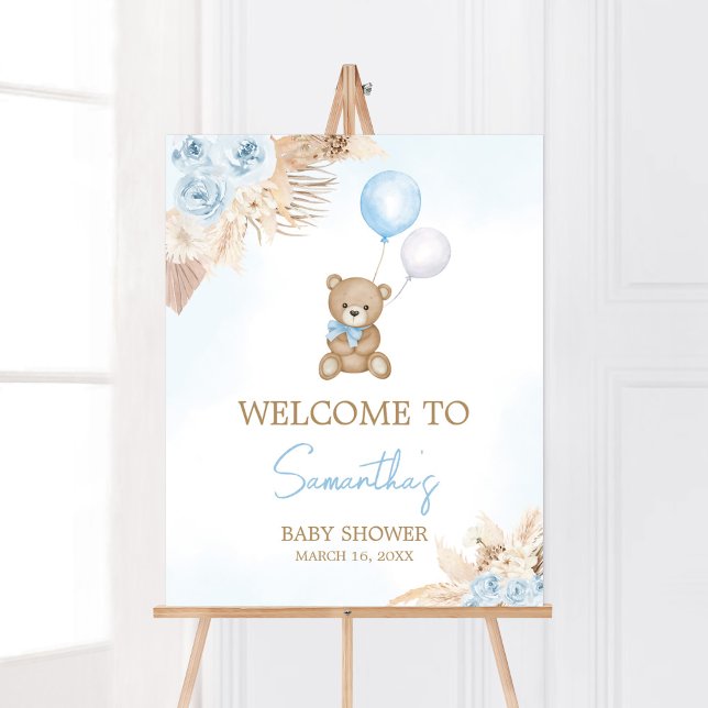 Blue Boho Vi kan vänta på välkomstinbjudan Poster (Blue Pampas Grass Boho Bear Baby Shower Welcome Sign)