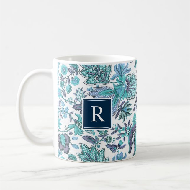 Blue Boho Vintage Blommigt Monogram Kaffemugg (Vänster)