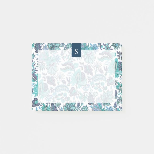Blue Boho Vintage Blommigt Monogram Post-it Block (Framsida)