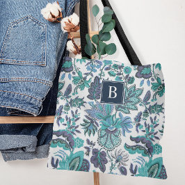Blue Boho Vintage Blommigt Monogram Tygkasse