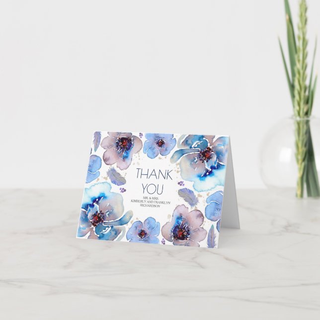 Blue Boho Watercolor Blommigt Bröllop Tack (Framsida)