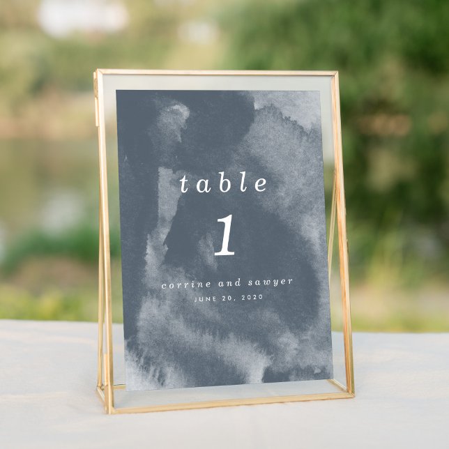 Blue Boho Watercolor Bordsnummer (Watercolor blue boho wash wedding suite elegant table number sign.)