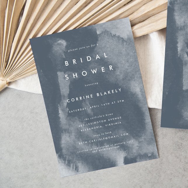 Blue Boho Watercolor Inbjudningskort för möhippan (Blue watercolor wash modern boho bridal shower invitation.)