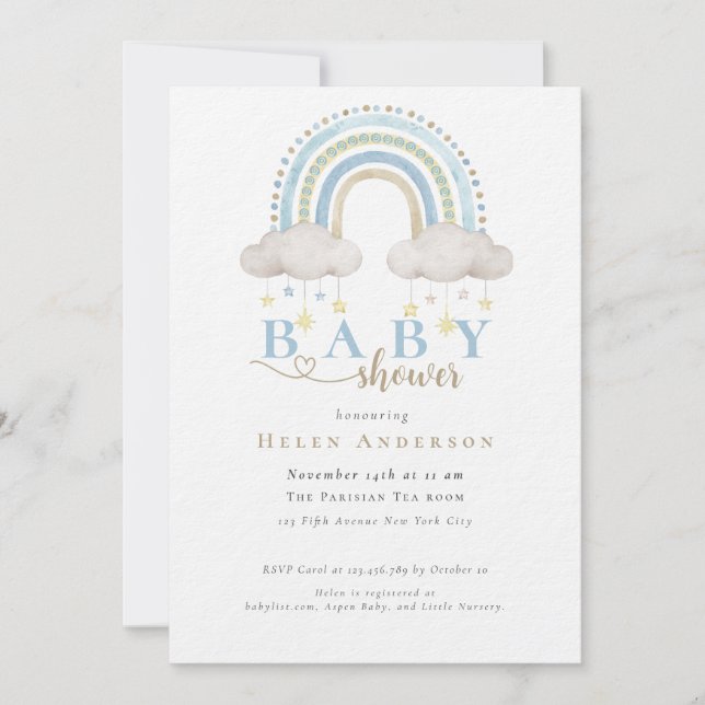Blue Boho Watercolor Rainbow Boy Shower Inbjudningar (Framsida)