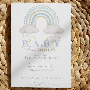 Blue Boho Watercolor Rainbow Boy Shower Inbjudningar
