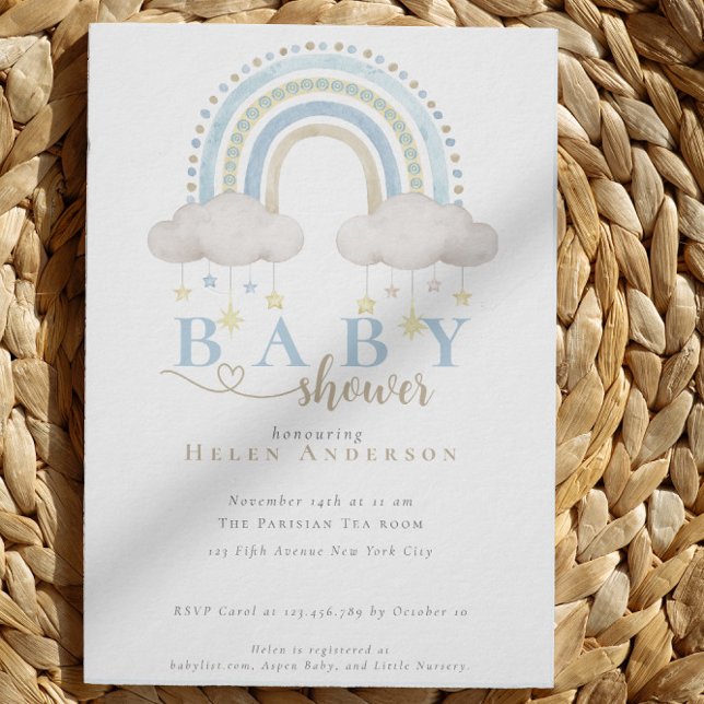 Blue Boho Watercolor Rainbow Boy Shower Inbjudningar (Blue Boho Watercolor Rainbow Boy Baby Shower Invitation)