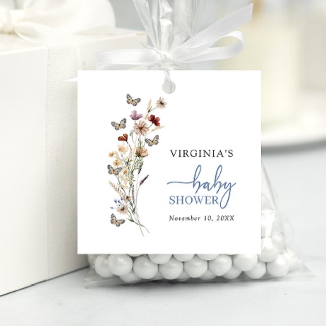 Blue Boho WildblomBaby Shower Gåvor Etiketter (Dusrty Blue Boho Wildflower Baby Shower Favor Tags with Butterflies by Painted Paperie
)