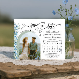 Blue Boho Wildblommor Photo & Calendar Bröllop Spara Datumet