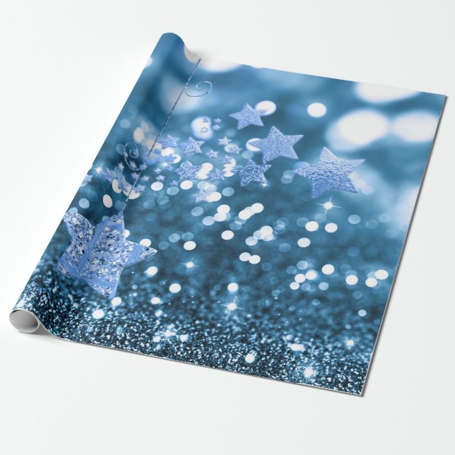 Blue Bokeh Faux Glitter & Stars Presentpapper (Utrullad)