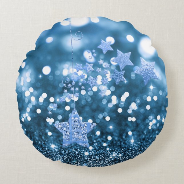 Blue Bokeh Faux Glitter & Stars Rund Kudde (Framsidan)