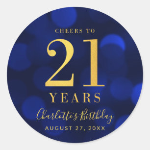 Blue Bokeh Guld Cheers till 21 års födelsedag Runt Klistermärke