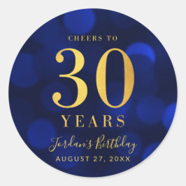 Blue Bokeh Guld Cheers till 30 års födelsedag Runt Klistermärke
