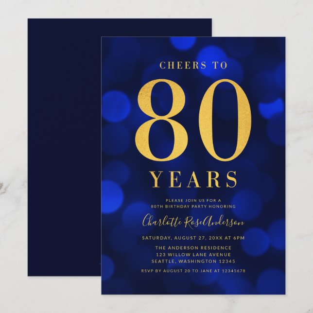 Blue Bokeh Guld Cheers till 80 års Födelsedagsfest Inbjudningar (Fram/baksida)