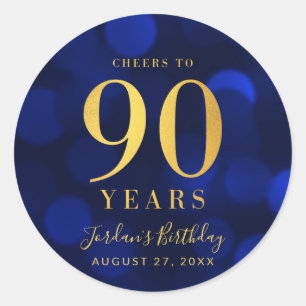 Blue Bokeh Guld Cheers till 90 års födelsedag Runt Klistermärke