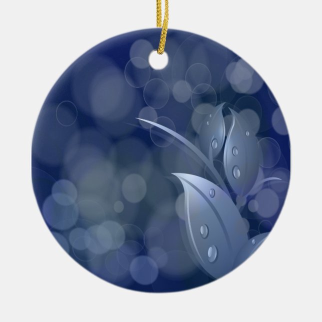 Blue Bokeh Lövs Julgransprydnad Keramik (Framsidan)
