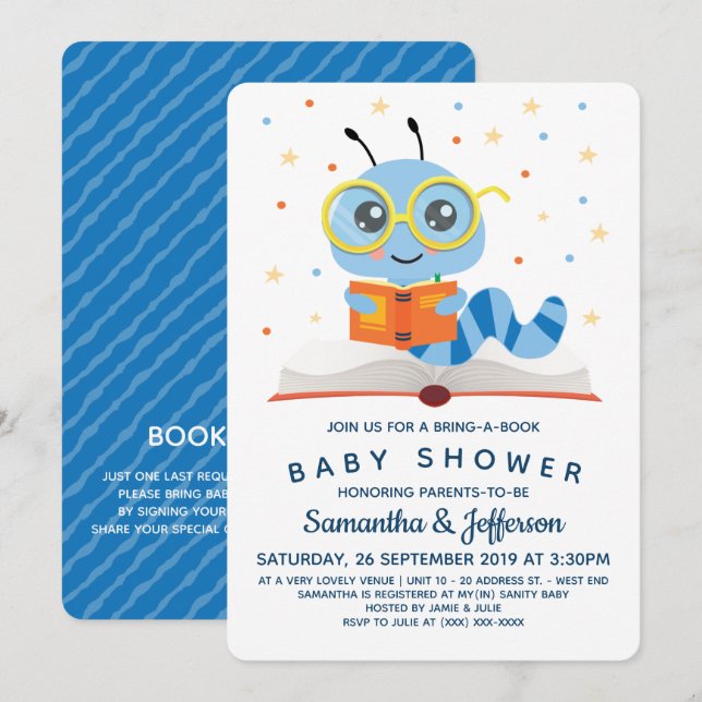 Blue Bookworm Bok Baby Shower Inbjudningar (Fram/baksida)