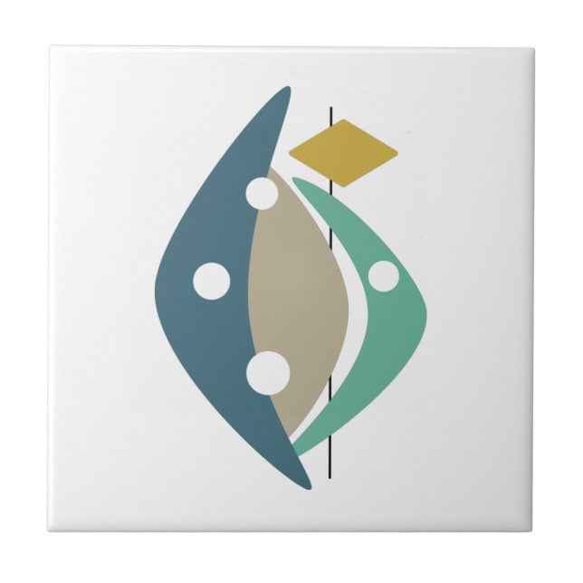 Blue Boomerang Shapes Mid Century Modern Kakelplatta (Framsidan)