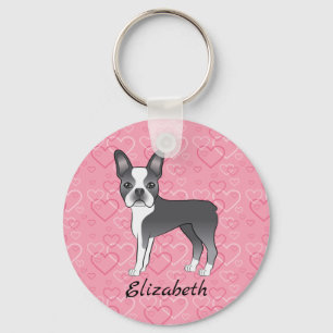 Blue Boston Terrier Hund på Rosa Hearts och Namn Nyckelring
