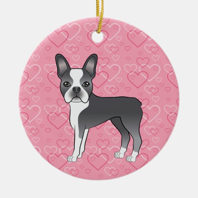 Blue Boston Terrier på Rosa Hearts Pet Memorial Julgransprydnad Keramik (Framsidan)