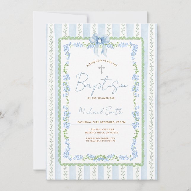 Blue Botanical Baptism Invitation Boy Christening Inbjudningar (Framsida)