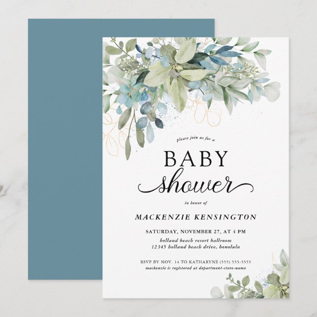 Blue Botanical Eucalyptus Baby Shower Inbjudningar (Fram/baksida)