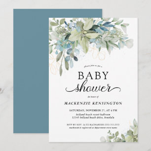 Blue Botanical Eucalyptus Baby Shower Inbjudningar