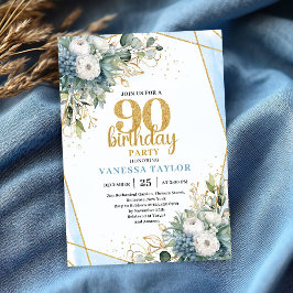 Blue Botanical Gold Frame 90th Birthday Invite Inbjudningar