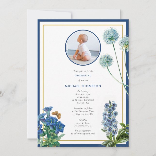Blue Botanical Guld Baptism Christening Boy Photo Inbjudningar (Framsida)