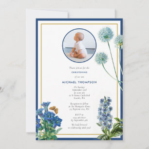 Blue Botanical Guld Baptism Christening Boy Photo Inbjudningar