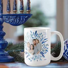 Blue Botanical Hanukkah Jewish Family Photo Kaffemugg