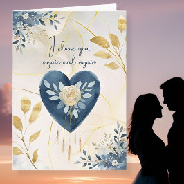 Blue Botanical Heart with Gold Script Accents Helgkort
