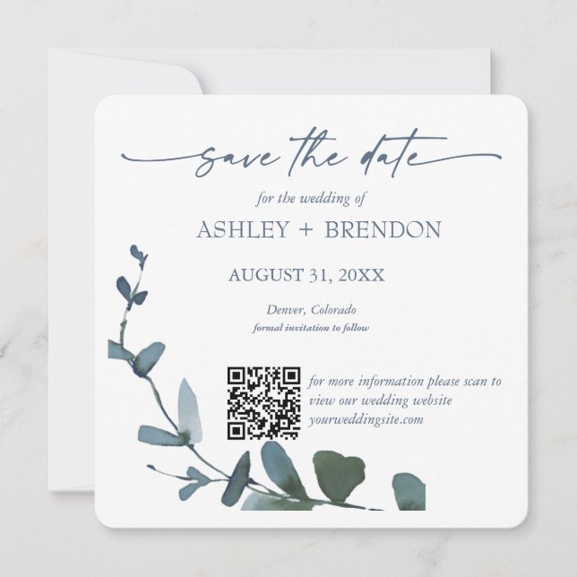 Blue Botanical Leaf Save the Date w/QR Code+Image Inbjudningar (Framsida)