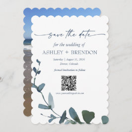 Blue Botanical Leaf Save the Date w/QR + Image Inbjudningar