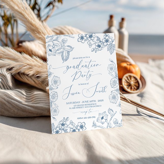 Blue Botanical Line Art Graduation Invite Inbjudningar (Skapare uppladdad)