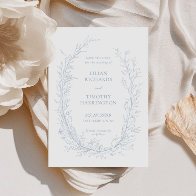 Blue Botanical Line Art Ram Bröllop Spara Datumet (Skapare uppladdad)