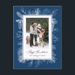 Blue Botanical Ram Lycklig Hanukkah Photo Helg Vykort<br><div class="desc">Lycklig Hanukkah! Skicka semesterhälsningar med Hanukkah-vykortet som är temat för vintagen. Den har vintage konst av pinekoner,  gräs nål och hollier med blå bakgrund. Anpassa genom att lägga till foto,  namn,  år och meddelande. Den här vintagen finns ett Hanukkah-fotovykort i andra färg. Matchande objekt är tillgängliga.</div>