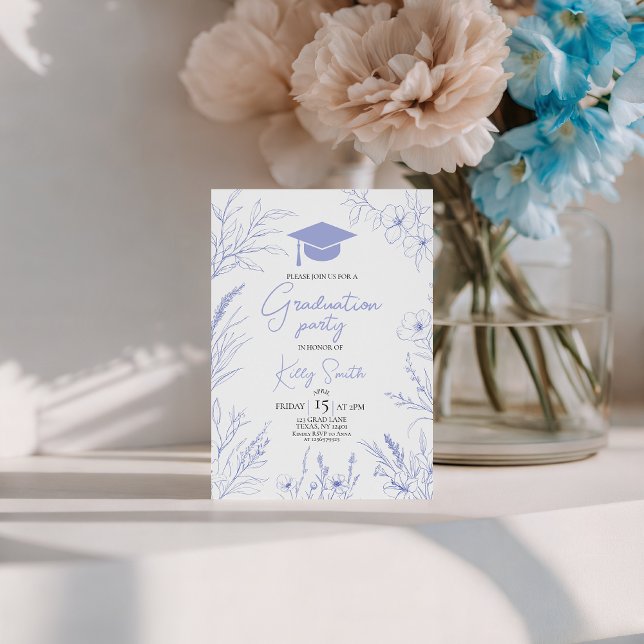 Blue Botanical Sketch Graduation Invite Inbjudningar (Skapare uppladdad)