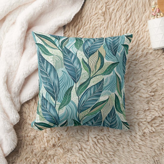 Blue Botanical Wave Modern Pattern Kudde (Filt)