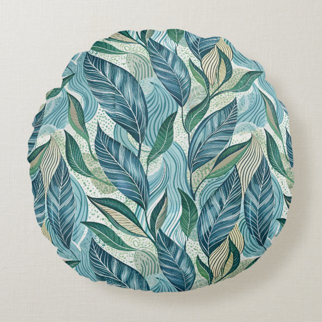 Blue Botanical Wave Modern Pattern Rund Kudde (Framsidan)