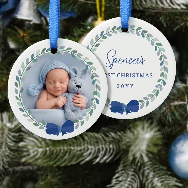 Blue Bow Adorned WANDEBaby Första jul Julgransprydnad Keramik (Skapare uppladdad)