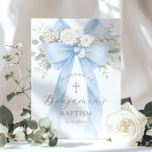 Blue Bow Baby Boy Baptism Elegant Welcome Poster (Skapare uppladdad)