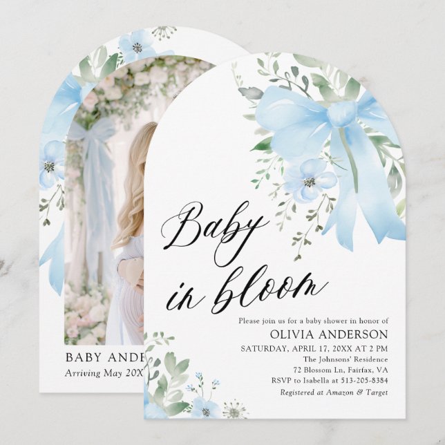Blue Bow Baby i Bloom Blommigt Arch Baby Shower Inbjudningar (Fram/baksida)